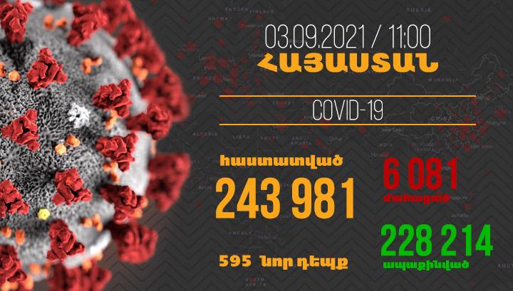 Հայաստանում հաստատվել է կորոնավիրուսով վարակվելու 595, մահվան՝ 19 նոր դեպք