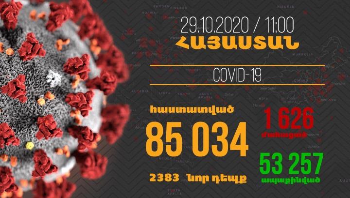 Հայաստանում գրանցվել է կորոնավիրուսի 2383 նոր դեպք, մահվան՝ 31