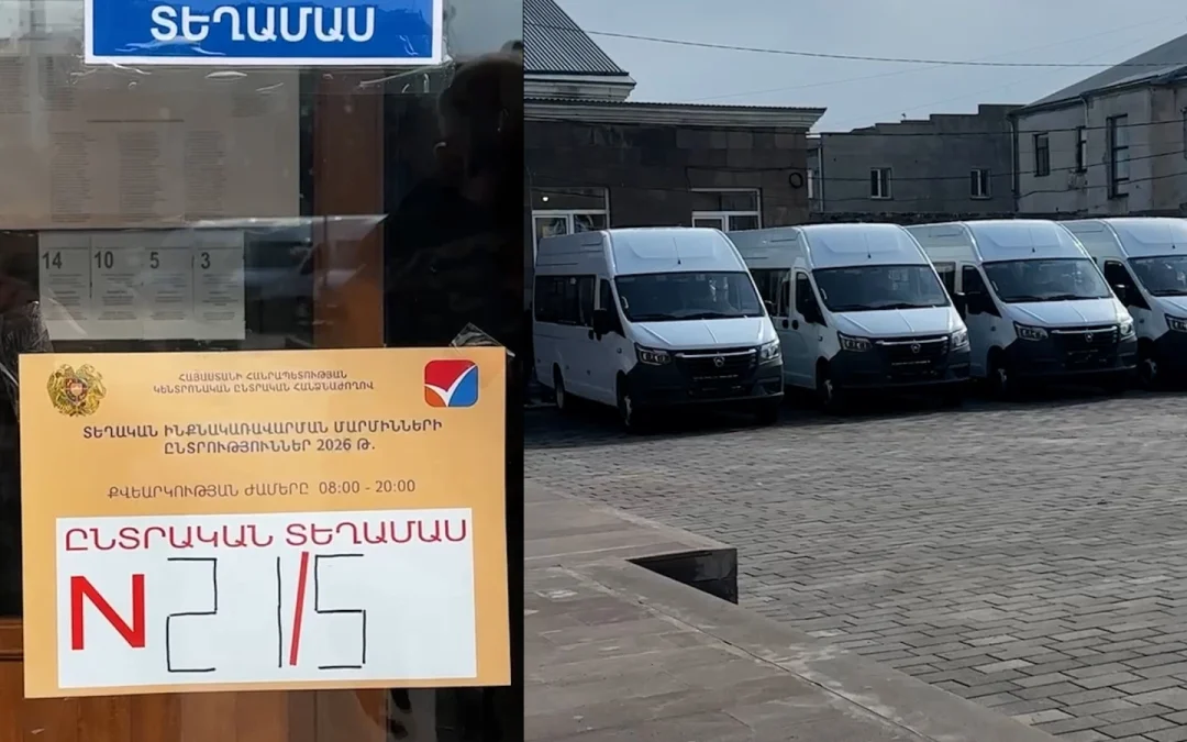 Մարտունիում միջքաղաքային երթուղին սպասարկող նոր սպրինտերները՝ ընտրական տեղամասի մոտ